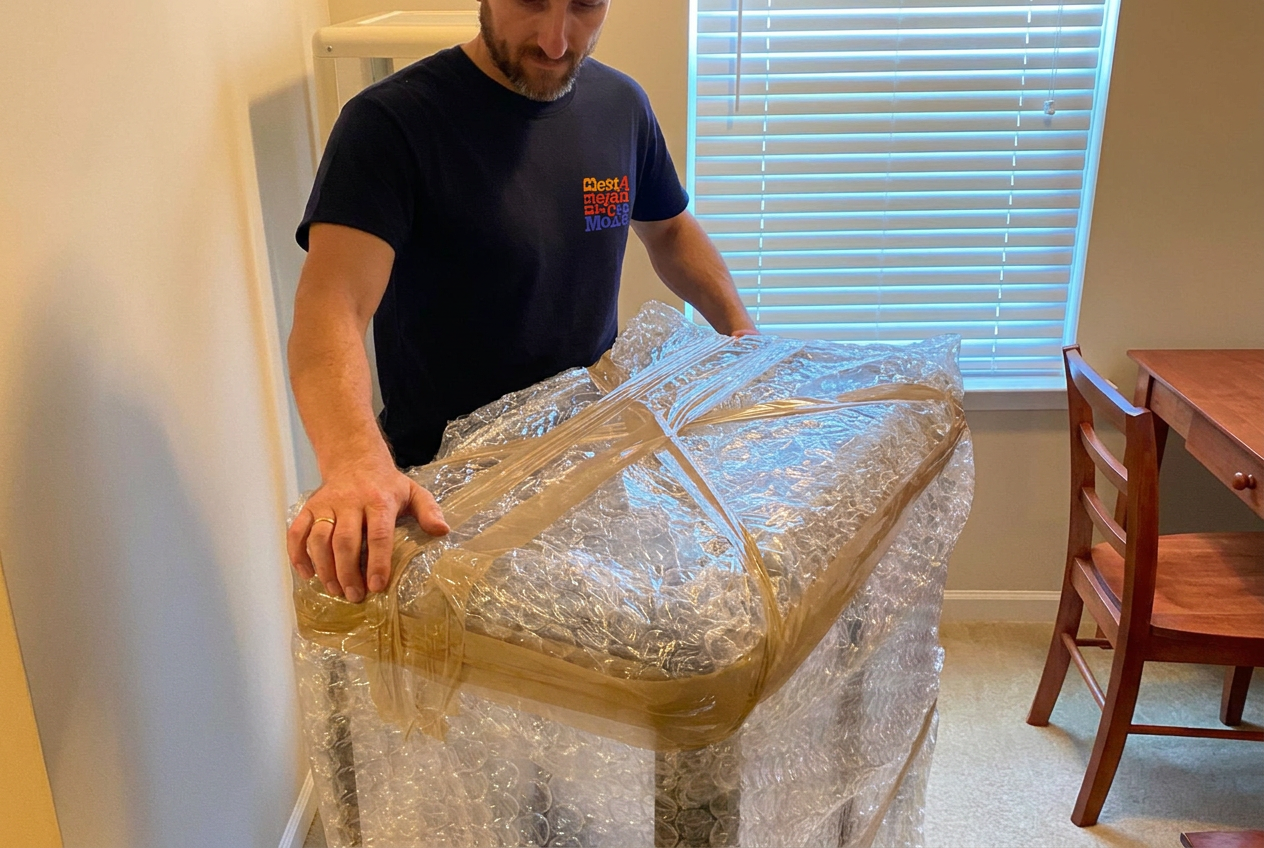 Best American Movers crew member protecting wrapped furniture inside a customer’s home