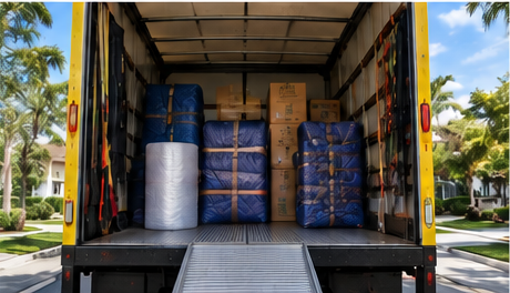 Household moving truck loaded with wrapped furniture and boxes strapped in place