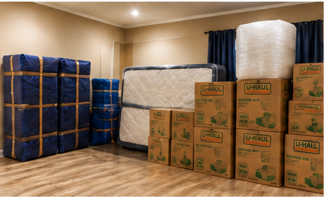 Wrapped mattresses and labeled moving boxes in a packed bedroom